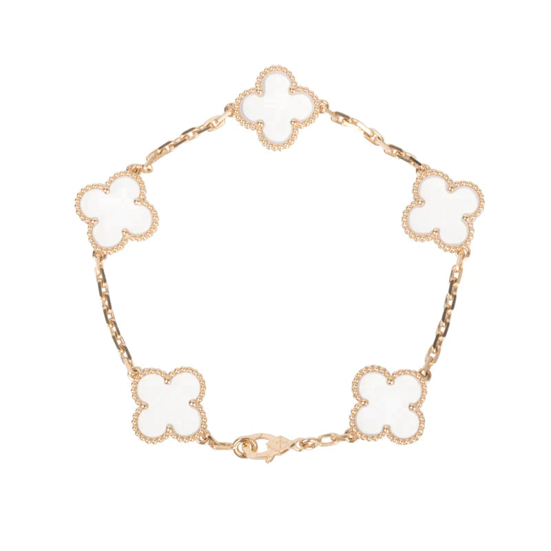 [AuraEcho]CLOVER 5 MOTIF ROCK CRYSTAL PINK GOLD BRACELET