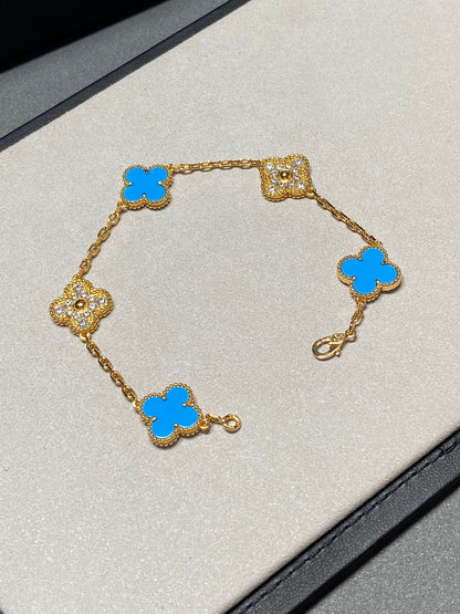 [AuraEcho]CLOVER 5 MOTIF BLUE CHALCEDONY DIAMOND GOLD BRACELET