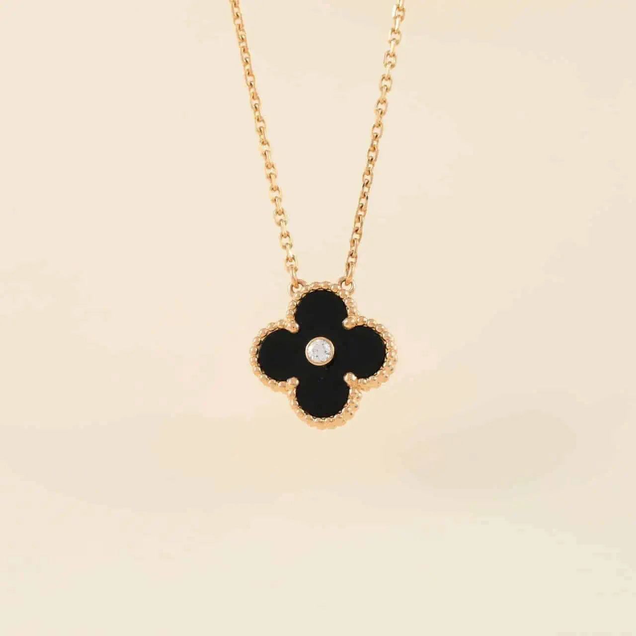 [AuraEcho]CLOVER 15MM DIAMOND ONYX NECKLACE