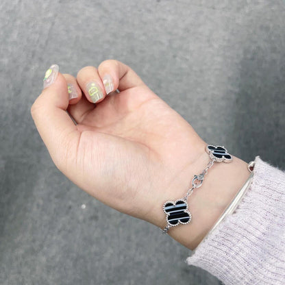 [AuraEcho]CLOVER 5 MOTIF VEINED ONYX BRACELET SILVER